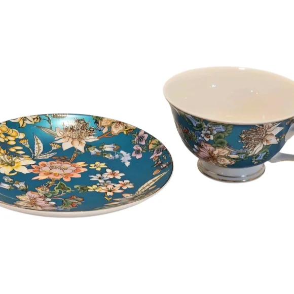 Peipocron British Floral Coffee/Tea Cup and Saucer Set With Gold Trim - 7 fl oz - Picture 2 of 9
